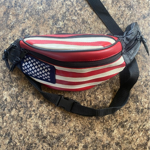 Other - American Flag Patchwork Leather Red, White, and Blue Flag Waist Bag Vintage 80s